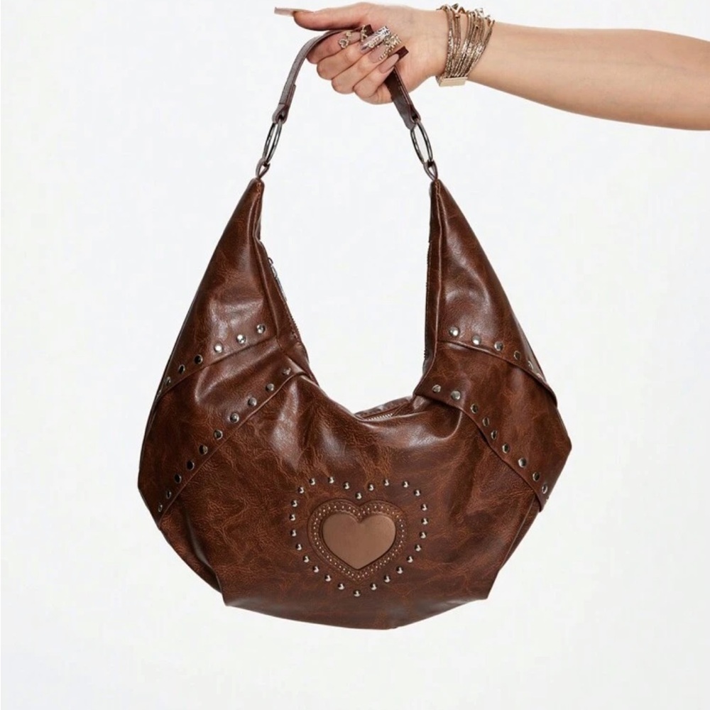 Brown Studded Women's Bag w/ Central Heart Design